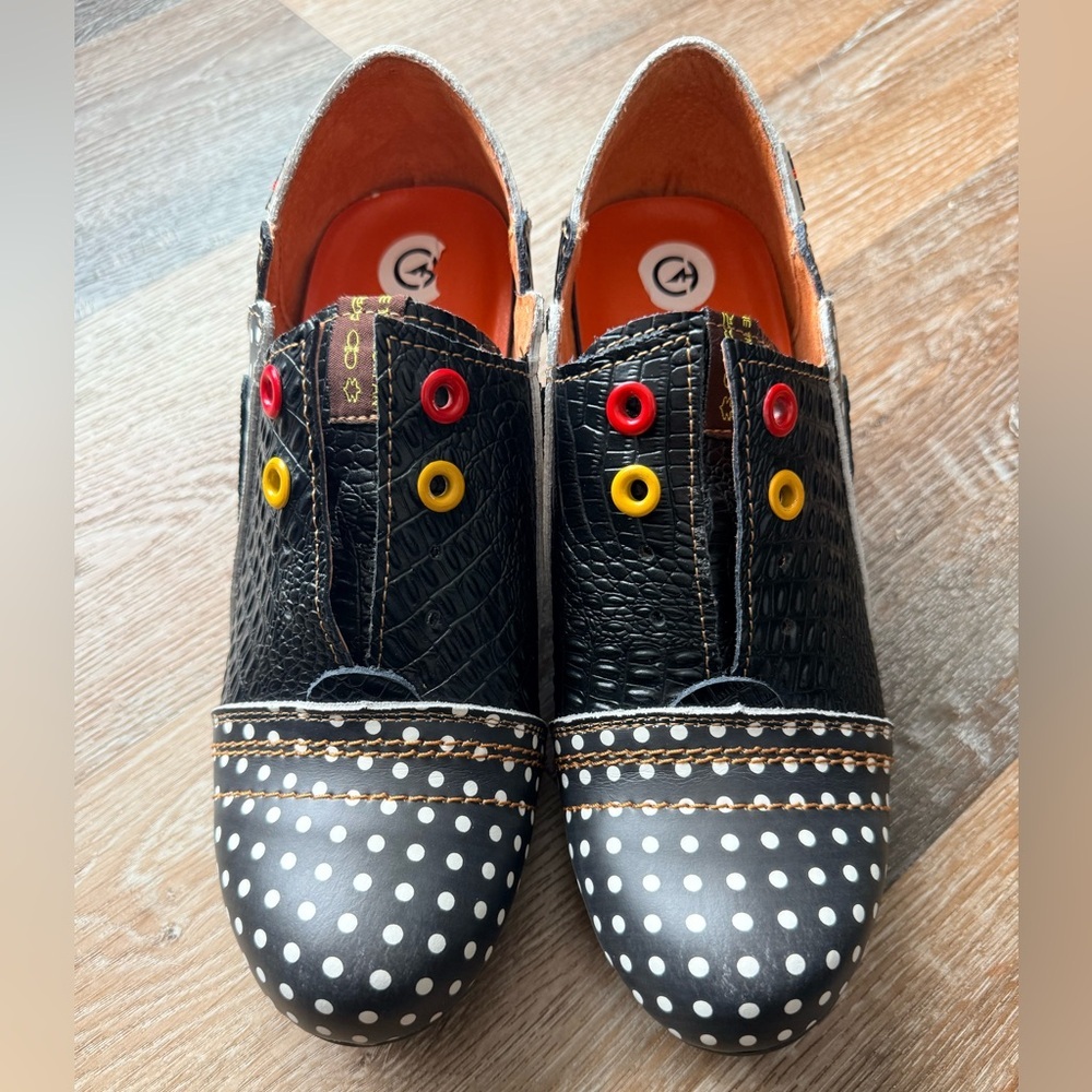 TMA EYES & MAiA Women's Retro Polka Dot Leather Booties Low Heel Lace Up